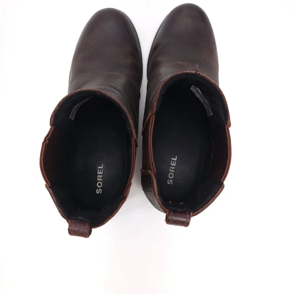 Sorel Joan of Arctic Chelsea Wedge Boots Womens 9.5 Dark Brown Leather